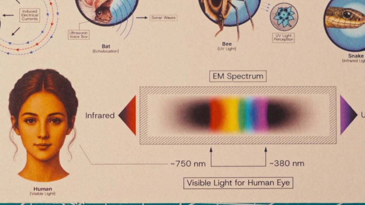 Lehrtafel mit dem elektromagnetischen Spektrum, links Infrarot, rechts UV, in der Mitte ein schmaler Farbstreifen von 750 bis 380 Nanometer